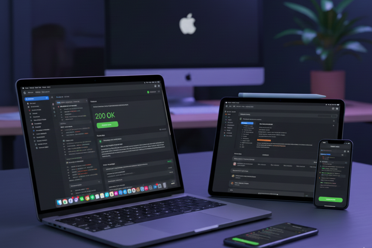 Blog banner showing a MacBook, iPad, and iPhone displaying the HTTPBot native REST API client application in dark mode. The image promotes the need for a native REST API client across all Apple devices (iOS, iPadOS, macOS).